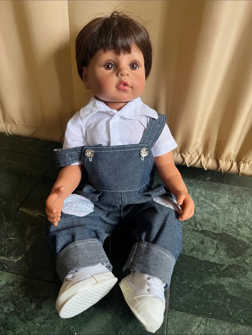 Realistic Baby Doll in Blue Denim Overalls with White Shirt
